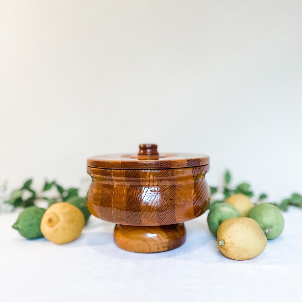 Gorgeous handmade multi-wood turned bowl with lid-artist signed